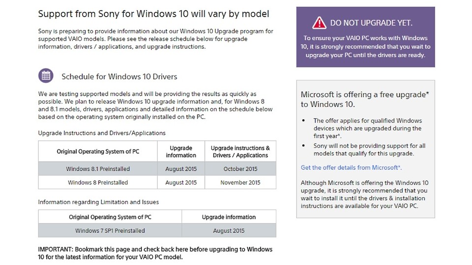Sony Vaio-Rechner sollten noch nicht auf Windows 10 aktualisiert werden.