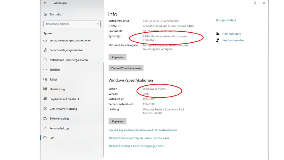 Ihr könnt in den Systemeinstellungen von Windows nachschauen, welche Windows-Version ihr verwendet (hier am Beispiel von Windows 10). 