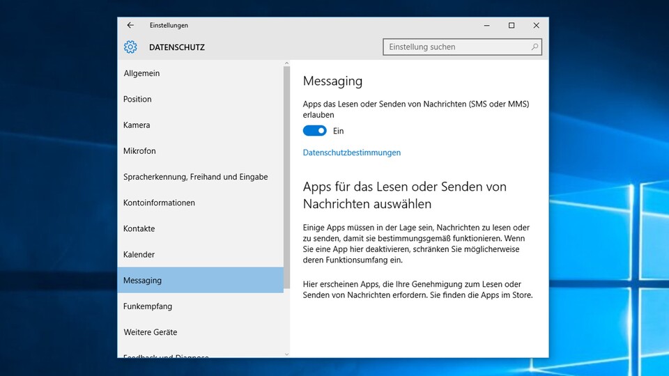 Manche der Datenschutzoptionen sind klar auf mobile Geräte ausgelegt, aber trotzdem auf Desktop-PCs vorhanden. Das gilt auch für den Bereich »Messaging«, in dem vom Versenden von SMS und MMS die Rede ist.