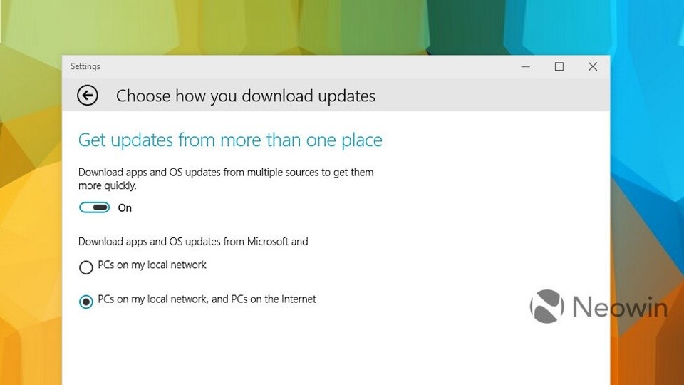 Windows 10 kann Updates auch über P2P herunterladen. (Bildquelle: Neowin)