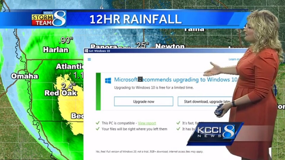 Das Hinweis-Fenster für das kostenlose Upgrade auf Windows 10 Upgrade stört einen Live-Wetterbericht.