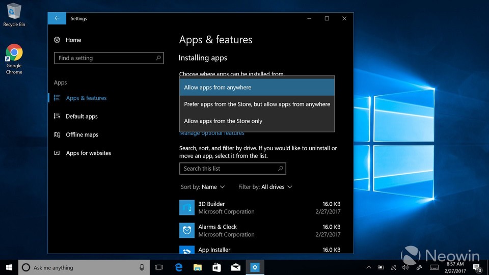 Windows 10 kann bald Installationena auf Software aus dem Windows Store beschränken. (Bildquelle: Neowin)