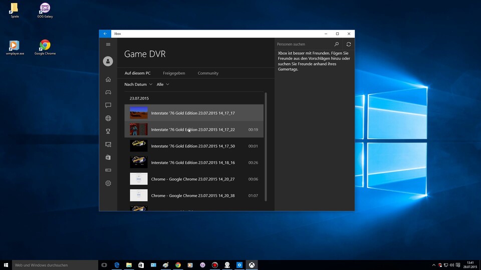 Neben einer Aufnahme-Funktion für Videos und Screenshots bietet die Xbox-App auch die Möglichkeit, Xbox-Spiele auf dem PC zu spielen. In Zukunft soll auch das Streamen von PC-Spielen auf die Xbox One möglich werden, um diese auf dem TV zu spielen.