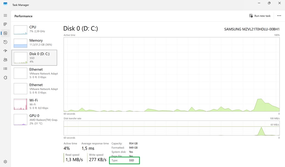 Der Taskmanager zeigt den Typ von Datenträgern an.