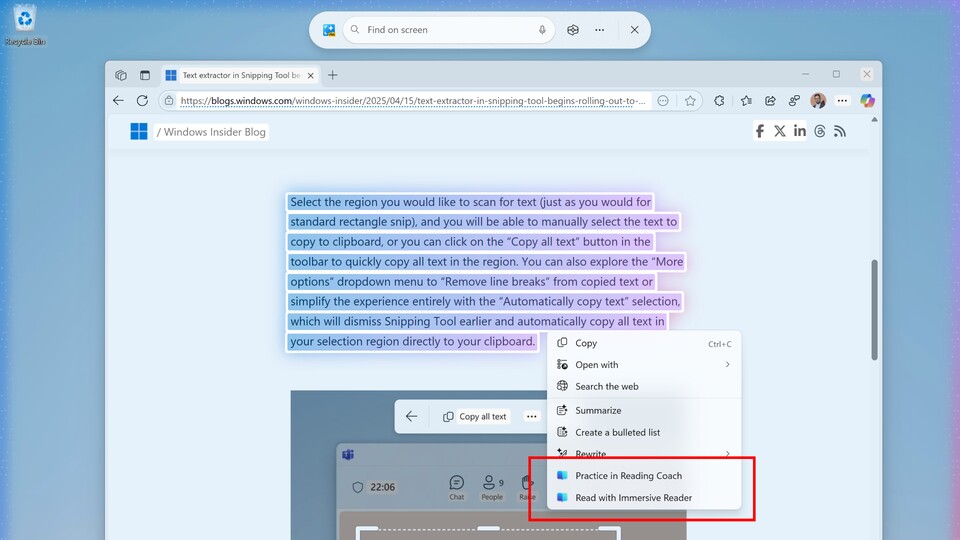 So sieht das Kontextmenü für den Immersive Reader und Reading Coach aus.