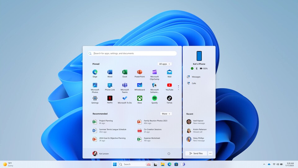 Windows 11 ermöglicht die Synchronisierung mit dem iPhone vom Startmenü aus. Die neue Funktion steht zunächst Beta-Testern zur Verfügung. (Bildquelle: Microsoft)