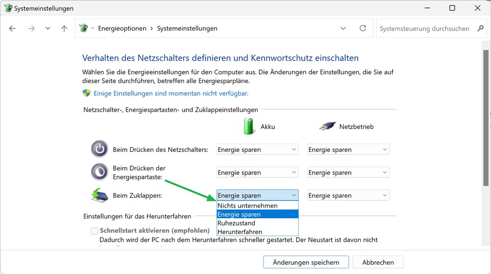 Windows 11 Was passiert beim Zuklappen und wie kann man das ändern?