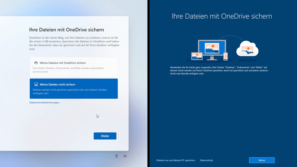 Windows 11 will sowohl während der Installation als auch nach dem ersten Start wissen, ob OneDrive genutzt werden soll.