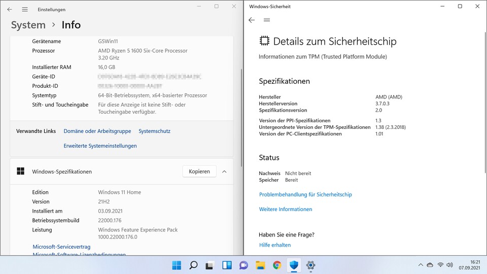 Nach der Installation sieht mit dem Ryzen 5 1600 alles unter Windows 11 so aus, wie es sollte, inklusive TPM-Unterstützung.