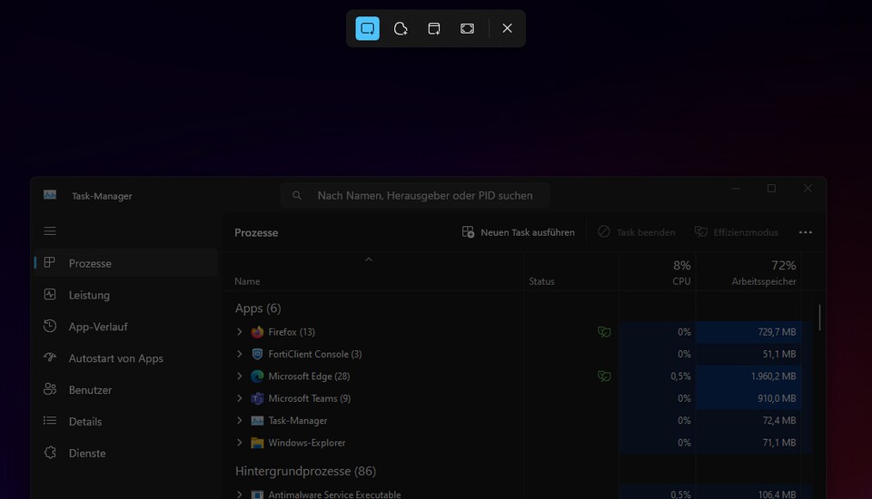 Eigentlich praktisch, aber manchmal sogar hinderlich: Die Screenshot-Leiste von Windows 11