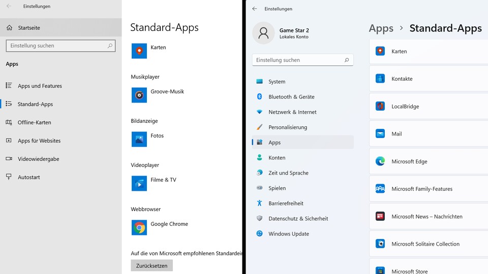 Windows 10 (links) nennt unter den Optionen für die Standard-Apps nur wenige Anwendungen für bestimmte Zwecke. In Windows 11 werden stattdessen sehr viele Programme einzeln aufgeführt.