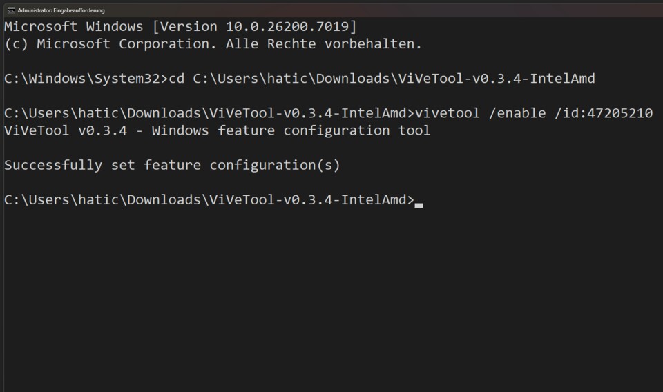 Das hier sind die Befehle, mit denen ihr über Vivetool die neue Funktion forcieren könnt.