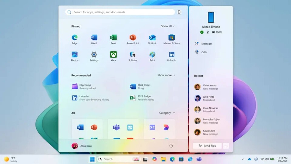 So soll das neue Startmenü mit Phone Link aussehen. (Bildquelle: Microsoft)