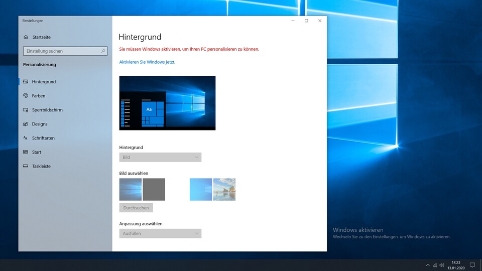 Ist Windows 10 nicht aktiviert, werden die Einstellungen zur Personalisierung gesperrt, außerdem ist unten rechts auf dem Bildschirm ein entsprechendes Wasserzeichen zu sehen.