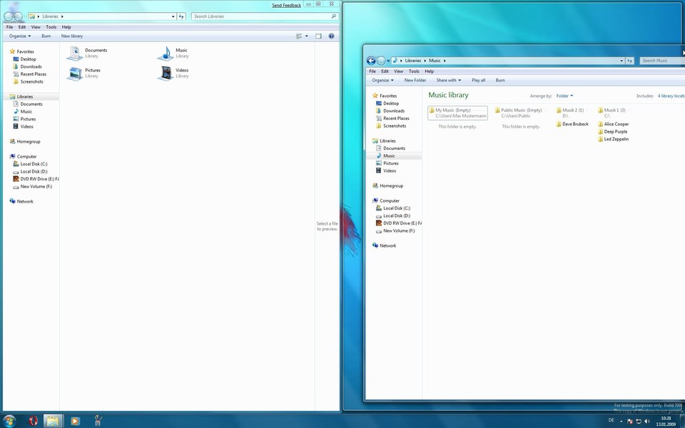 Der Windows 7 Desktop mit einem auf die halbe Bildschirmbreite maximierten Explorer-Fenster.