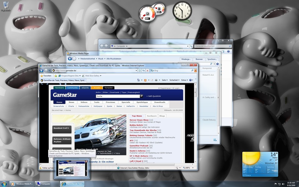 Im Hintergrund: Eines der zahlreichen Desktop-Motive vom neuen Windows 7.