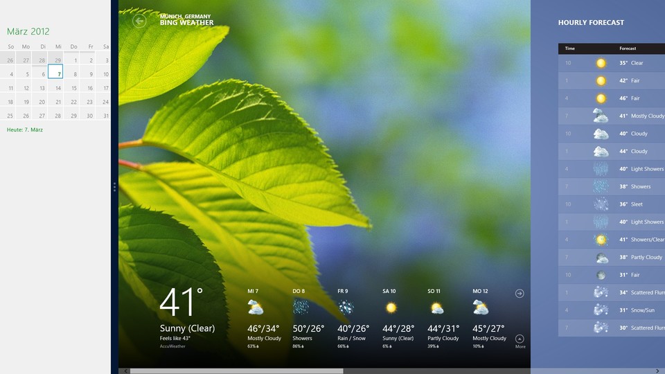 Mehr als zwei Apps stellt Windows 8 auf auf dem Desktop nicht dar, hier links den Kalender und rechts die Wetter-App.