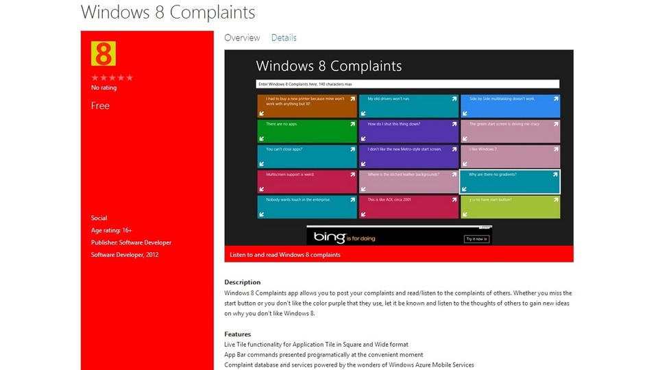 Die entfernte App »Windows 8 Complaints«