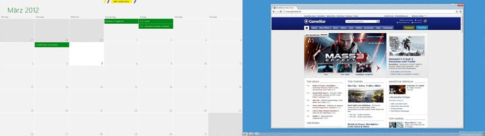 Taskleiste dupliziert : Die Kalender-App wird im Hauptbildschirm (links) im Vollbild geöffnet. Zeitgleich können wir auf dem Desktop (rechts) Programme asuführen und arbeiten.