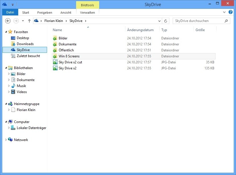 Auf dem Desktop präsentiert sich Sky Drive wie ein Laufwerk direkt unter den Favoriten und dem Desktop. Alle Inhalte stehen auch offline zur Verfügung. 