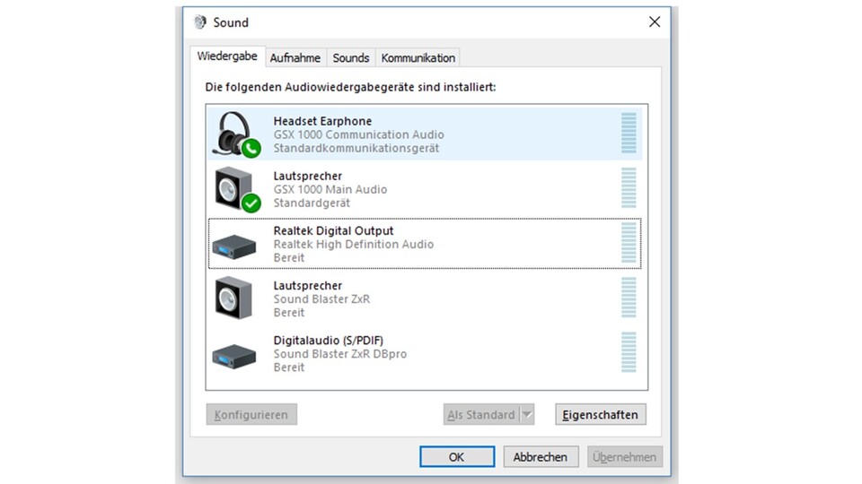 Wichtig: Nach dem Anschließen des GSX 1000 müssen Sie in den Windows Audio Einstellungen unbedingt »GSX 1000 Main Audio« als Standardgerät festlegen (»GSX 1000 Communications Audio« entsprechend als Standard Kommunikationsgerät). Abschließend legen Sie GSX 1000 Main Audio per Druck auf Konfigurieren links unten als 7.1-Gerät fest – das war es, mehr brauchen Sie unter Windows nicht zu tun.