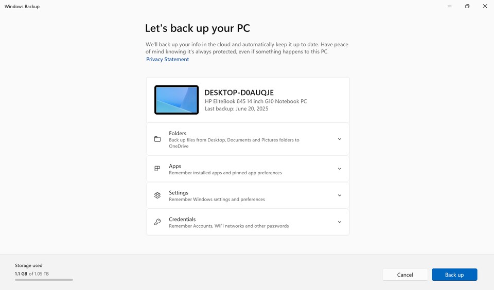 Mit Windows Backup lassen sich Einstellungen und einige weitere Daten sichern. (Bildquelle: Martin Brinkmann)