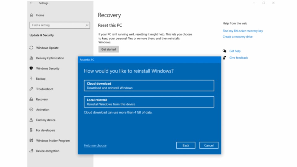 Die neue Funktion erweitert Windows Recovery um einen Cloud-Download.