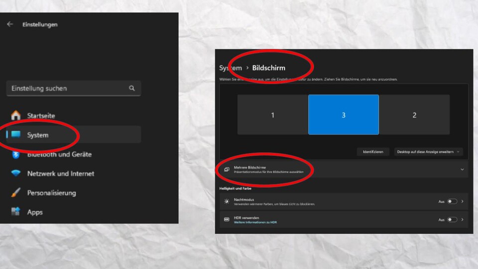 In Windows 11 kommt ihr über System und Bildschirm auf die relevanten Einstellungen.