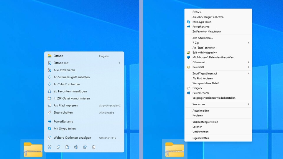 Links seht ihr das neue Kontextmenü von Windows 11. Rechts die klassische Variante aus Windows 10.