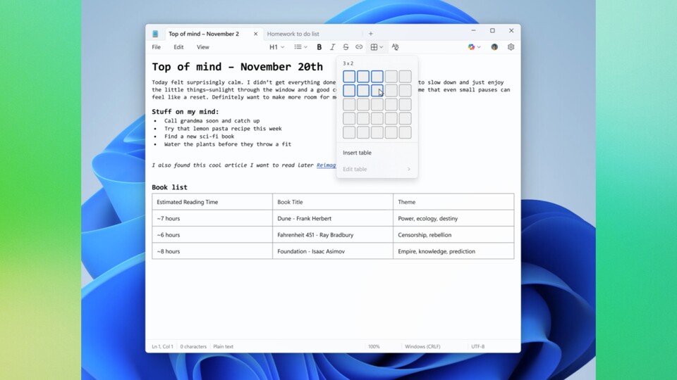 Die neue Tabellenfunktion in Windows Notepad lässt euch über ein dediziertes Menü ... nun ja, Tabellen einfügen. (Bildquelle: Windows Blog)
