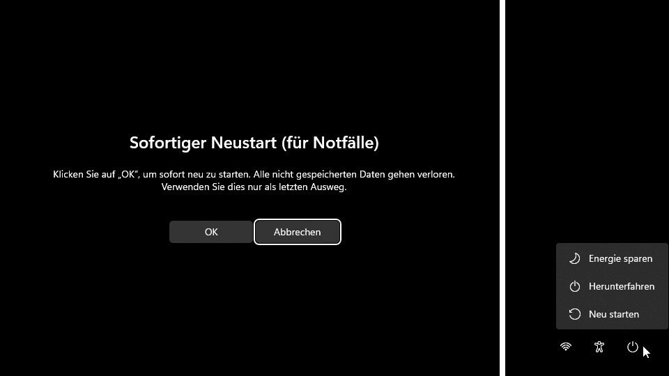 Links seht ihr den Notfall-Neustart über das Halten der Strg-Taste, wenn ihr unten rechts auf das Neustart-Symbol klickt, rechts das klassische Menü, ohne die Taste beim Linksklick zu drücken.