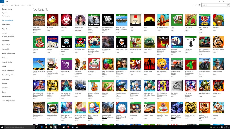 Die meisten Spielen aus dem Windows Store sind Titel für Mobilgeräte, die sich auch in Googles Playstore und Appels App Store finden.