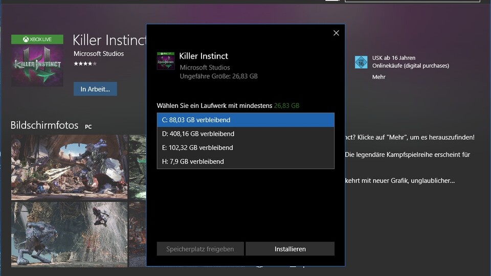 Der Windows Store erlaubt nun die Auswahl des Installationslaufwerks. (Bildquelle: Reddit)