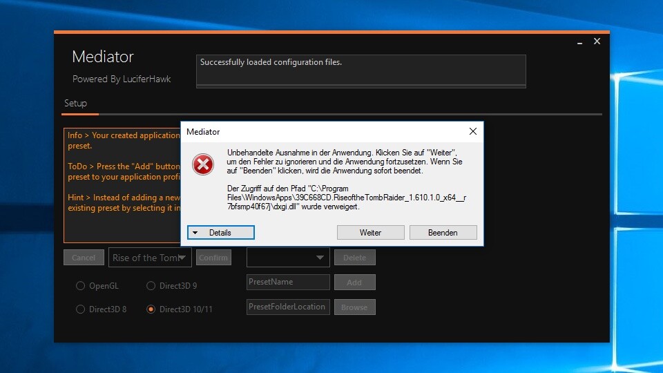 Beim Versuch, ReShade mit der Windows App von Rise of the Tomb Raider zu benutzen, scheitern wir an fehlenden Zugriffsrechten, obwohl wir sie eigentlich für den entsprechenden Spieleordner besitzen.