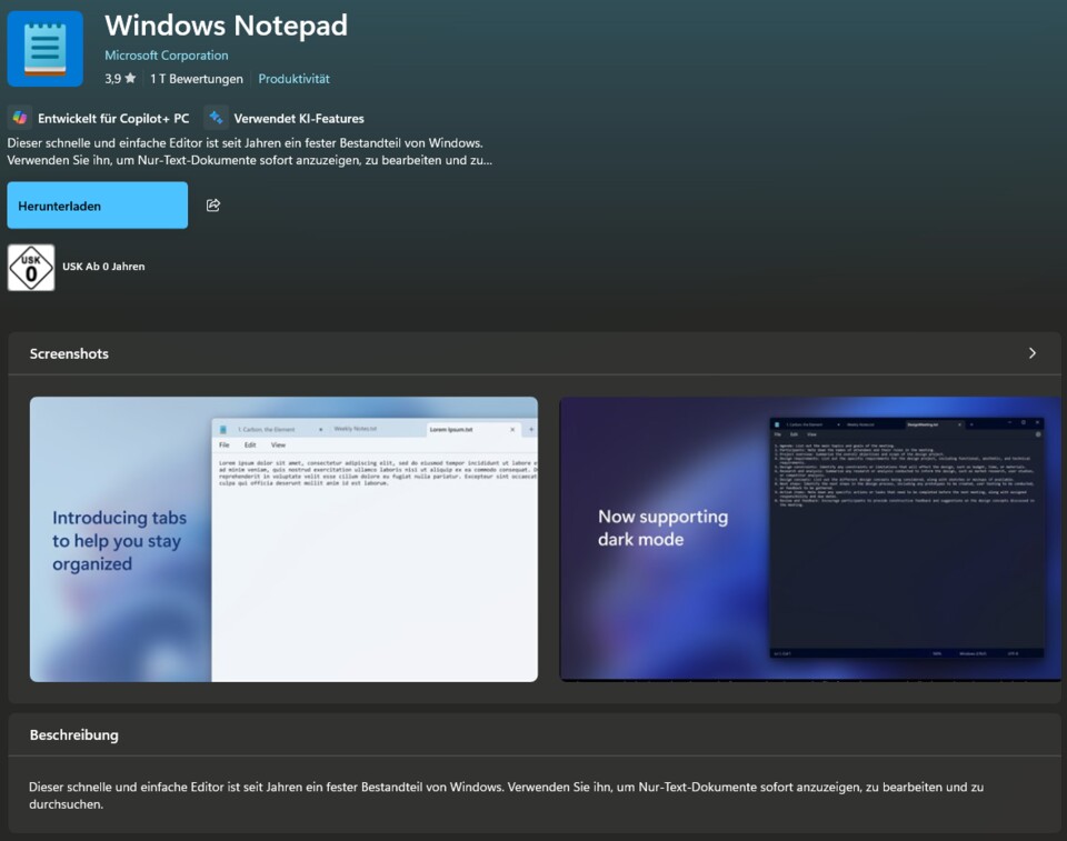 Im Microsoft Store gibt es allerhand kostenlose Tools. Darunter auch der Texteditor. (Bildquelle: Jan S., GameStar)