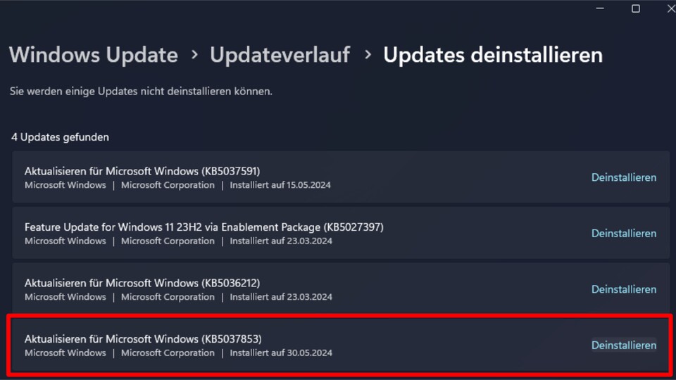 Ein Klick auf Deinstallieren und Neustart des PCs genügt, um das Update wieder loszuwerden.