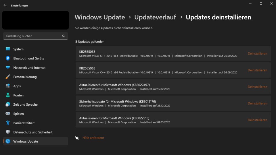 Hier könnt ihr neulich installierte Windows Updates deinstallieren, sollten sie euch Probleme bereiten.