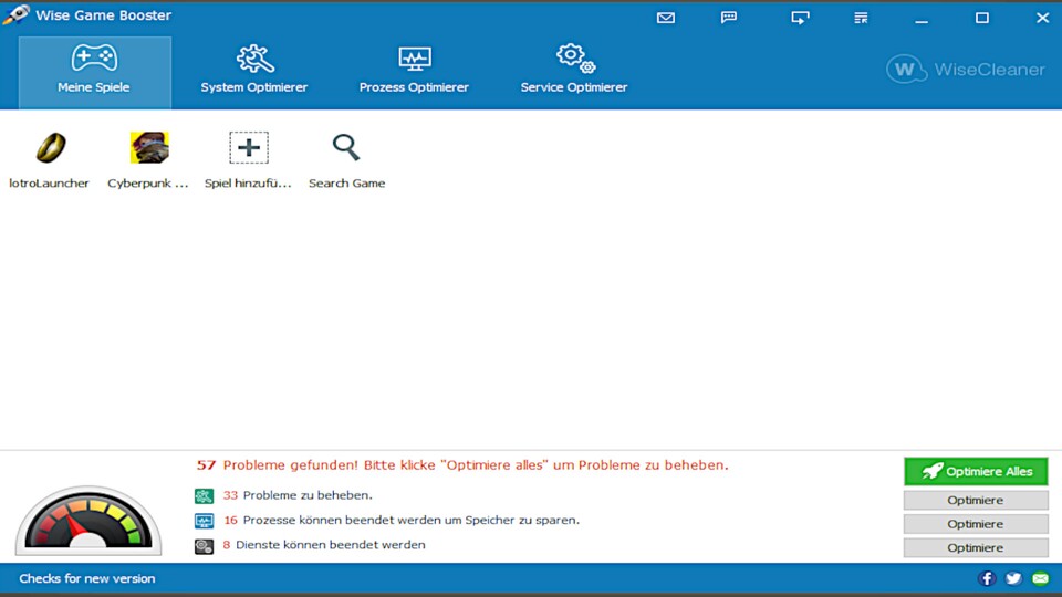 Eine rote Schriftfarbe, die Rede ist von Warnungen und Problemen - der Wise Game Booster hat einen Hang zur Dramatik.