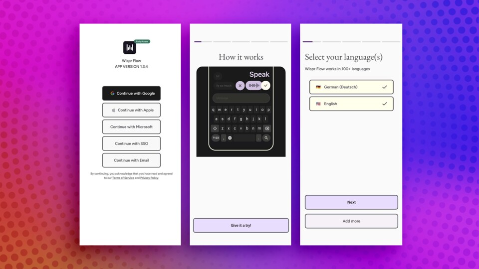»Wispr Flow« hat eine übersichtliche Oberfläche, die bereits beim Login-Prozess zu erkennen ist. (Bildquelle: Wispr Flow GameStar Tech)
