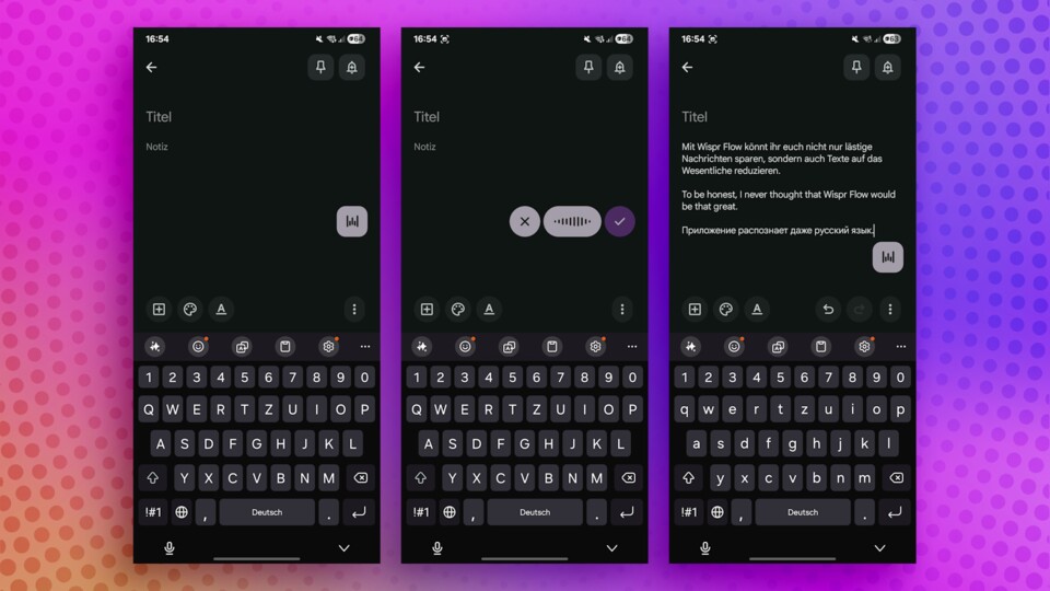 Die Bubble von »Wispr Flow« blendet sich in Textfeldern automatisch ein – wie hier in der Notiz-App. (Bildquelle: Aaron Hofmann GameStar Tech)