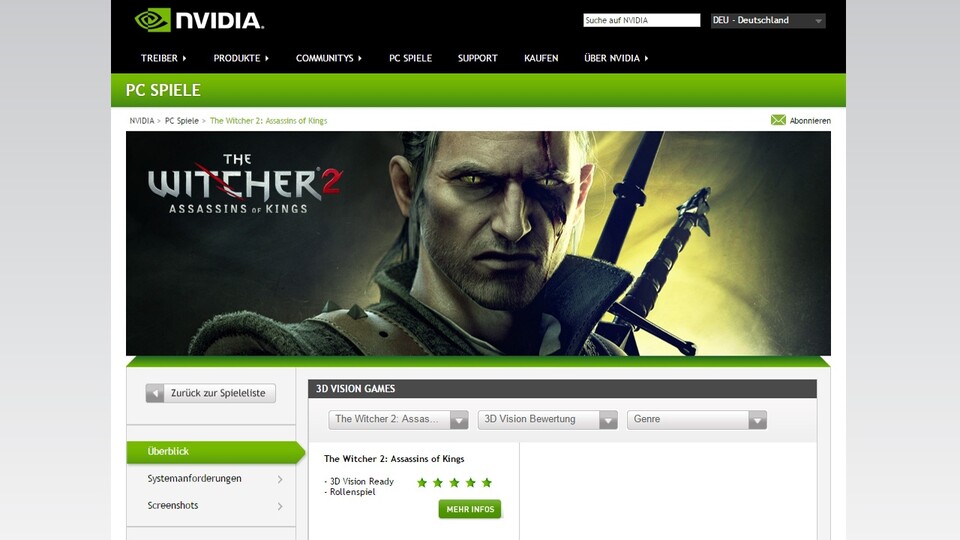 Der zweite Teil der Witcher-Reihe wurde von Nvidia noch mit der höchsten Stufe »3D Vision Ready« bewertet, für Teil 3 lautet die Einstufung dagegen leider zurecht »Not recommended« also »Nicht empfehlenswert«.