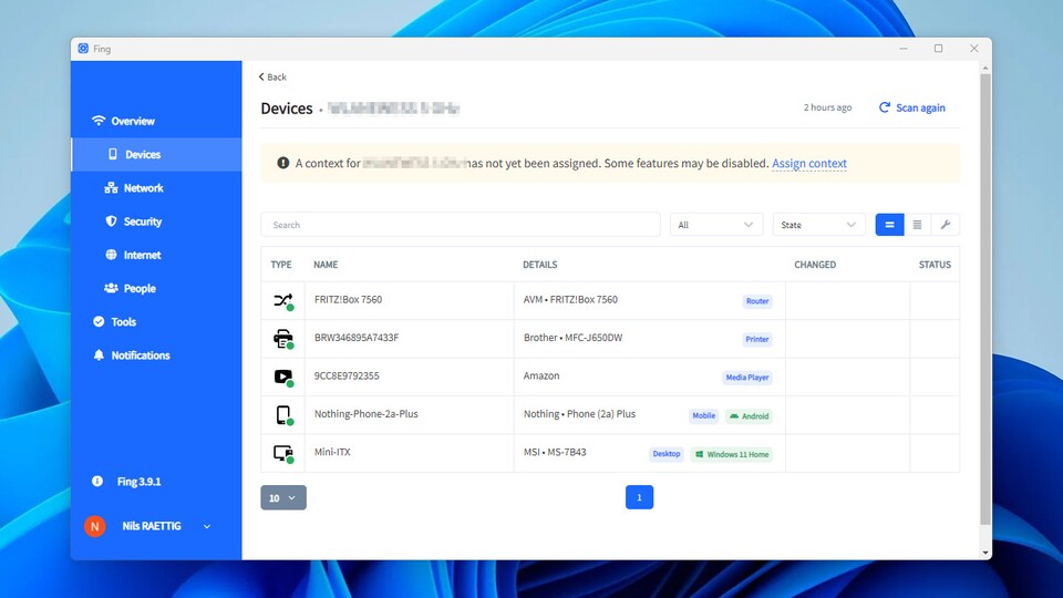 Der große Vorteil von Fing: Es identifiziert die Geräte falls möglich. So erkennen wir direkt unseren Router, Drucker (Printer), FireTV Stick (der MediaPlayer von Amazon) sowie Smartphone (Mobile) und Desktop-PC.