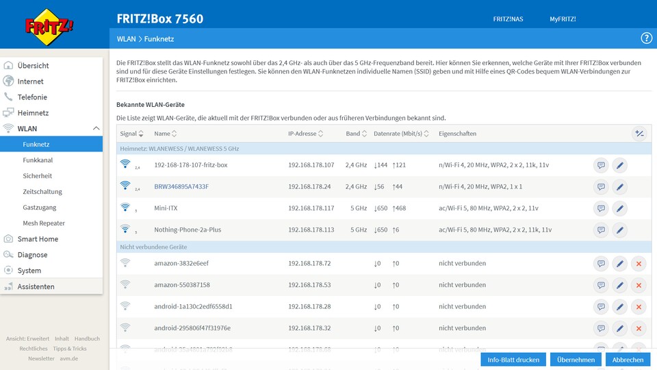 Die FritzBox-Software zeigt uns, dass momentan vier Geräte mit unserem Heimnetzwerk verbunden sind.