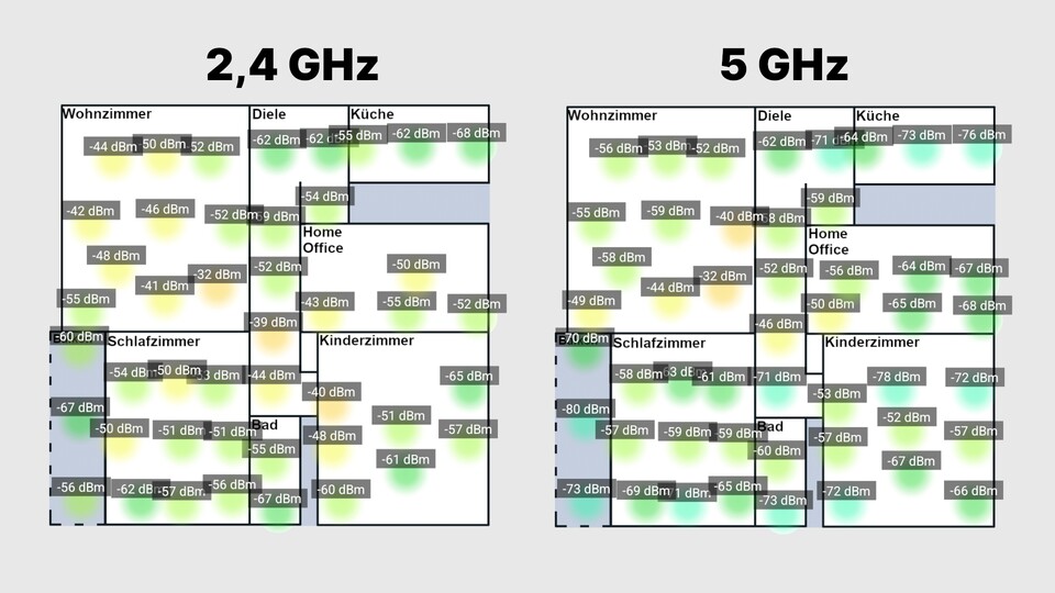 Wie zu erwarten war, ist die Signalstärke meines 5-GHz-WLANs niedriger als die des 2,4 GHz-WLANs. Achtet aber bei der Erstellung der Heatmap mit WiFi Analyzer and Surveyor darauf, dass neue Messungen standardmäßig nur im Abstand von 30 Sekunden erfolgen. Der niedrigste Abstand liegt bei zehn Sekunden. (Bildquelle: Nils R., GameStar)
