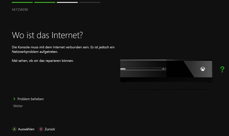 »Wo ist das Internet?« fragt die Xbox One, denn ohne Netzverbindung geht erstmal gar nichts.