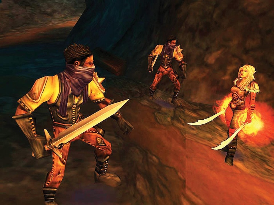 Doppelt hält besser: Mit zwei Schwertern ausgerüstet, erwartet eine Heldin den Angriff der Banditen.