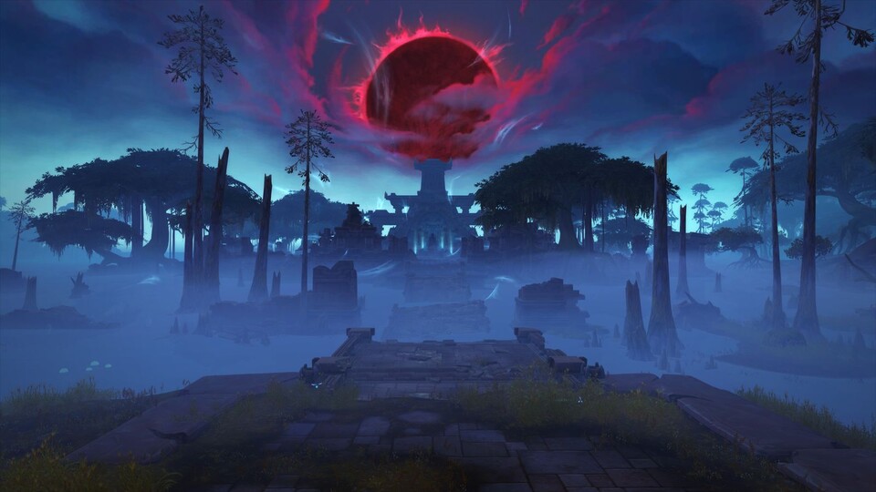 Ein blutroter Mond hängt über schwer über Nazmir, in dieser Region findet sich der erste Raid von World of Warcraft: Battle for Azeroth.