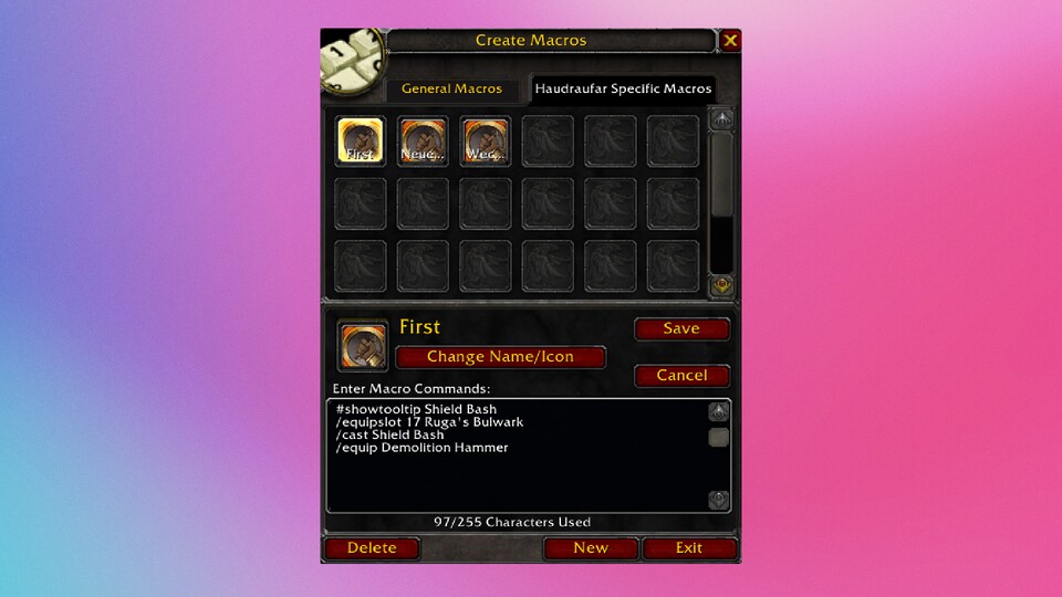 So sieht das Makro-Fenster im Spiel aus. Ihr findet es, wenn ihr Escape drückt und dann auf »Makros« klickt. Alternativ könnt ihr »m« im Chat eingeben.