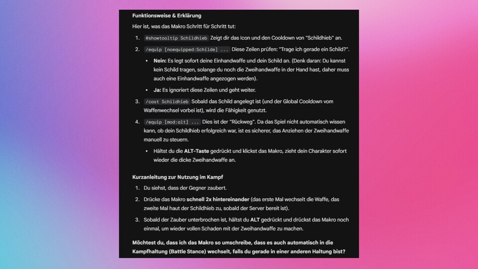 Zum Makro selbst gab mir Gemini außerdem eine detaillierte Erklärung, was die einzelnen Zeilen genau bewirken. Auch eine Gebrauchsanweisung war dabei.