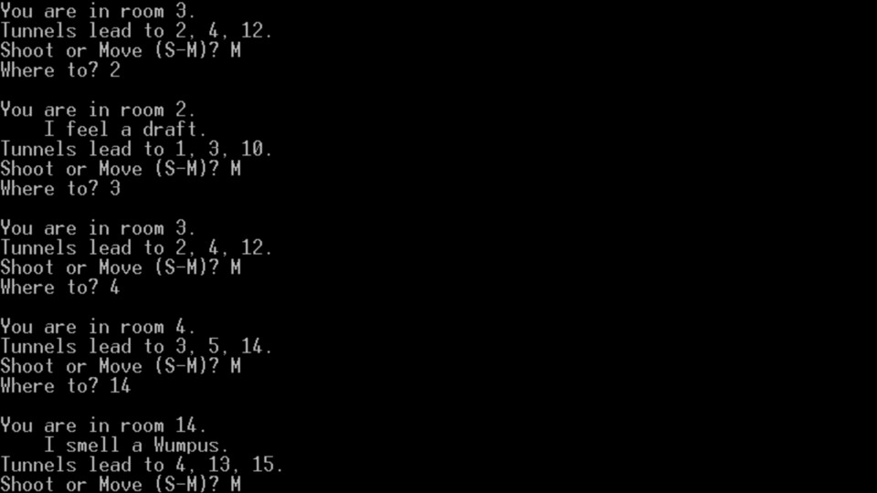 Das »Gameplay« von Hunt the Wumpus ist aus heutiger Sicht äußerst rudimentär. Per Tastatureingabe bewegt ihr euch durch die Räume.